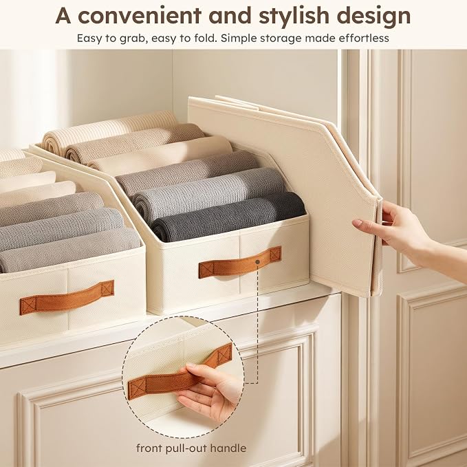 Homsorout Fabric Storage Bins for Organizing - 4 Pack Large Trapezoid Collapsible Storage Bins with Front Handle, Closet Organizers and Storage for Bedroom, Home Shelves, Small Spaces, Beige