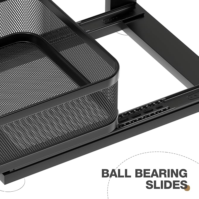 1 Pack 15IN-Depth Under Sink Organizer with Next-Gen Ball-Bearing Slides,2-Tier Precision Mesh Pull Out Cabinet Storage for Bathroom&Kitchen,Height Adjustable Drawers Shelf,Anti-Rust-Black