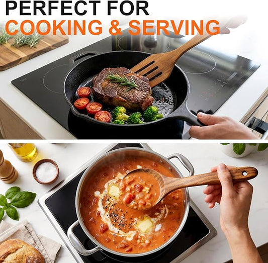 5 Pcs Best Wooden Spoons for Cooking Kitchen Utensils Set Acacia Wood Cooking Spatula Turner Non Toxic Utensil Slotted Serving Spoon Flat Spatulas Set Wooden Utensis Mixing Cooking Spoon Kitchen Tools