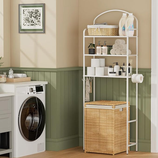 Over The Toilet Storage Rack, 3 Tier Bathroom Organizer with 4 Hooks & Paper Holder, Space Saver Metal Shelf for Bathroom Supplies, White Toilet Rack