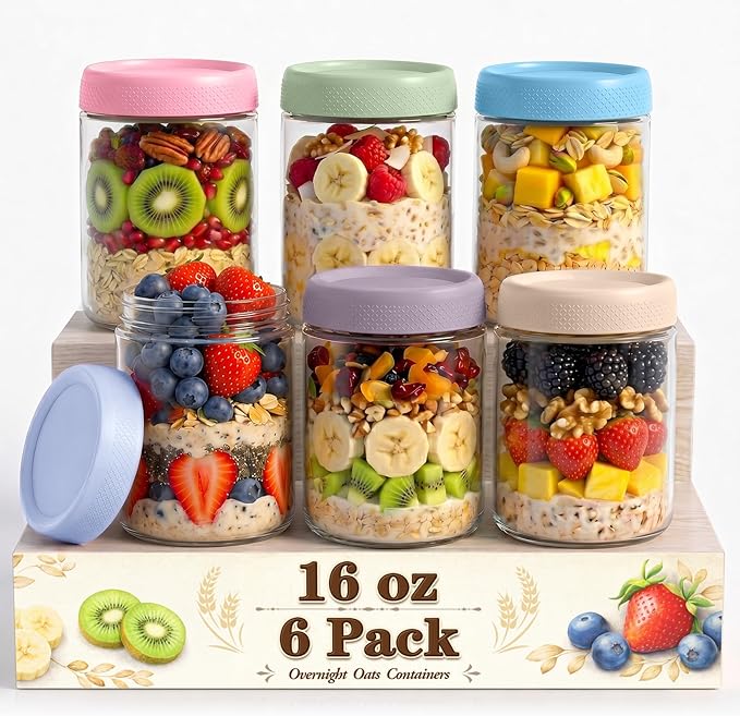 Mason jars 16 oz with lids, Chia Pudding Jars, Jar for Overnight Oats | Glass Jar with Lid, Parfait Cups with Airtight Lids, Glass Jars for Storage, Food, Chia, Pudding, fruit, on-the-go, 6 Pack