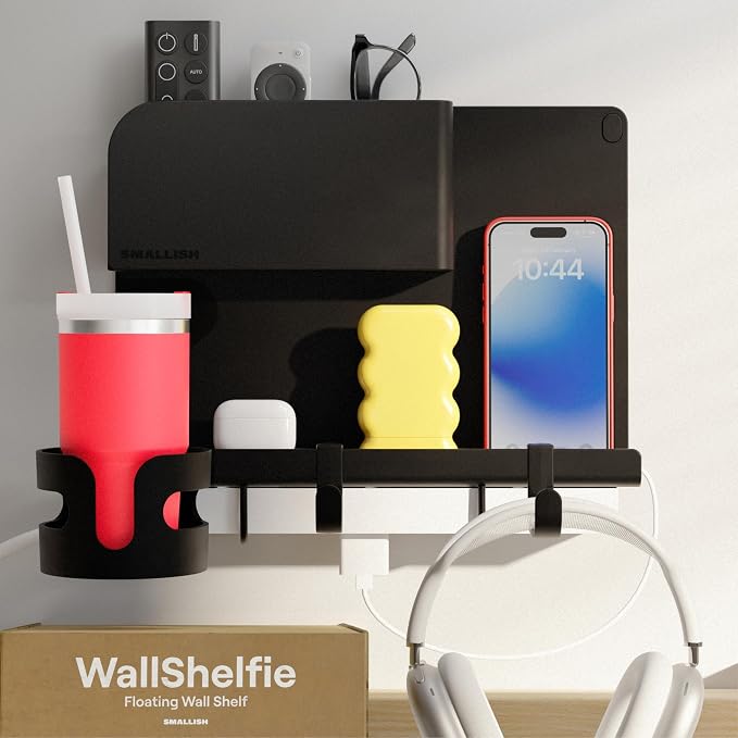 WallShelfie Bedside Wall Organizer & Dorm Decor - Dorm Room Essential, Floating Bedside Shelf Wall Mount Organizer, Remote Control Holder, Cool Teen Girls Trendy Stuff, 2.0, Black