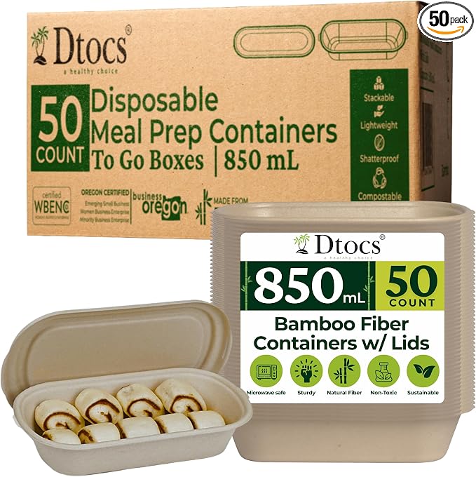 Dtocs Disposable Meal Prep Containers with Lids 28 oz (50 Pack) – Heavy Duty Bamboo Fiber Food Containers | Leak Resistant, Microwave & Freezer Safe No Plastic To Go Boxes for Catering, Takeout Meals