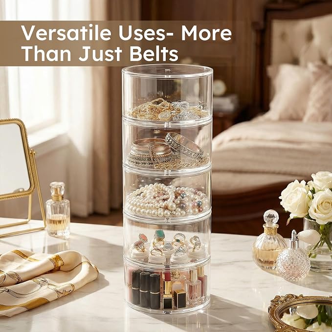 FEMELI Acrylic Belt Storage Organizer For Closet 4-Layer Stackable Belt Box | Clear Acrylic Belts Holder Organizers for Women Men Closet& Drawer,Watches Jewelry and Tie organizers and storage