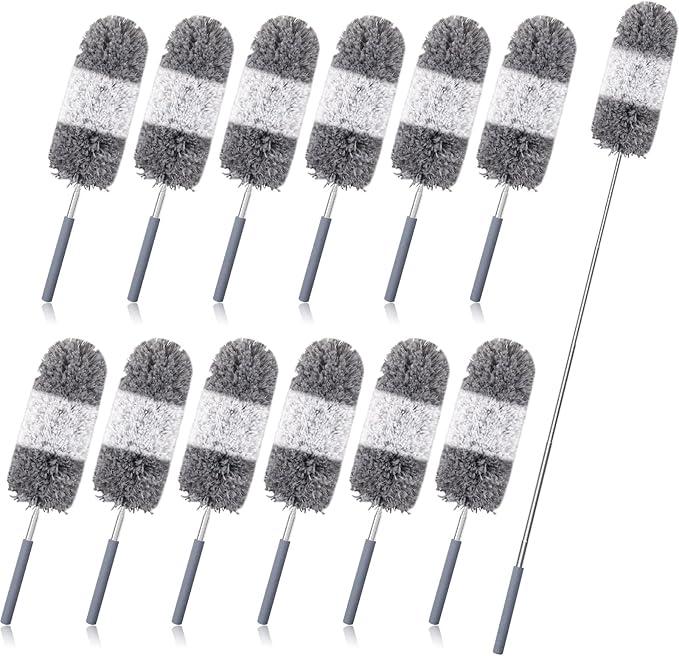 Tanlade 12 Pcs Microfiber Feather Duster for Cleaning, Extendable 13-31 Inch Ceiling Fan Duster with Bendable Head, Washable Tools for Ceiling Fans, Furniture, Car, Cobwebs (Gray White)
