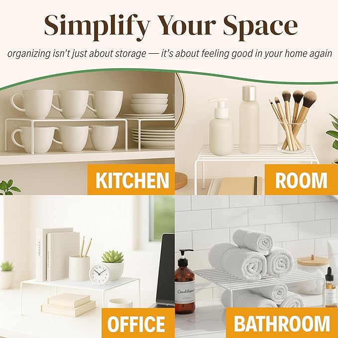 Evelots Wire Shelf Organizer Set, Metal Cabinet Shelf Risers, 4-Pack, White | 4-Pack rustproof metal wire shelf organizers create extra storage space in kitchen cabinets, pantries, freezers and bathrooms