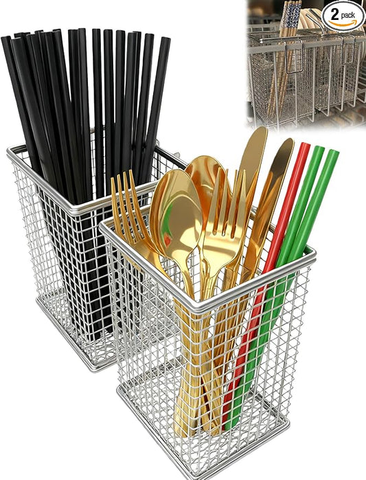 2Pcs Chopstick Holder, 304 Stainless Steel Dishwasher Chopstick Basket with Hooks, Straw & Silverware Drying Rack for Organizing Knife, Fork, Spoons and Small Kitchen Tools