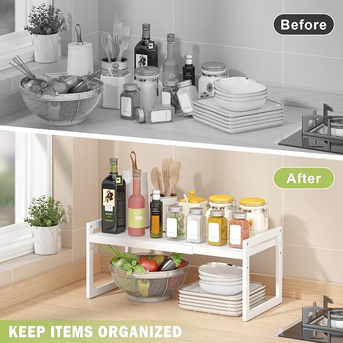 Expandable Cabinet Shelf Organizer, Stackable Kitchen Counter Shelf, White | Space Saving Metal Pantry Storage Racks for Kitchen Spice Rack Pans and Untensils Bathroom Office Organization, 1-Tier