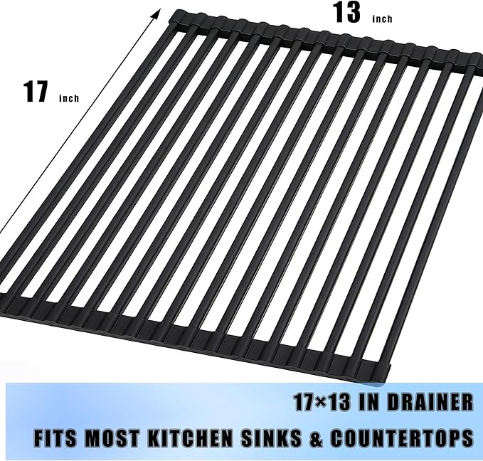 Cover The Sink Roll Up Dish Drying Rack 17.6"x15.4" Silicone Wrapped Foldable Anti-Slip Drainer for Kitchen Counter_Black new