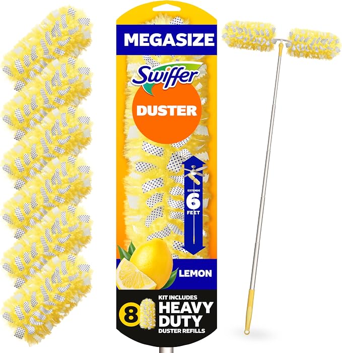 Swiffer Duster Kit with 6 ft Super Extendable Handle, Heavy Duty Starter Kit with 8 Refills, Lemon Scent