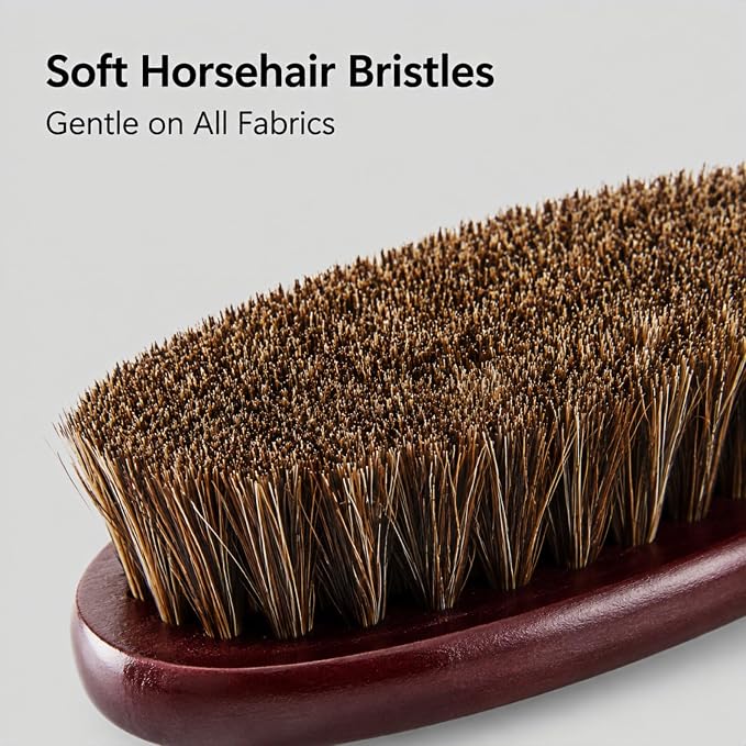 Lint Remover Brush, Natural Horsehair & Beech Wood Handle, Clothes Brush for Suits, Coats, Sweaters, Furniture, Car Seats & Pet Hair, Gentle for Delicate Fabrics, Travel Size (Walnut Red)