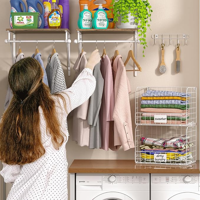 DAOUTIME 2 Set Laundry Room Wall Mounted Shelves With Wire Storage Baskets, Over Washer and Dryer With Hanging Rods and Hooks, for Organization and Storage, White, Wooden
