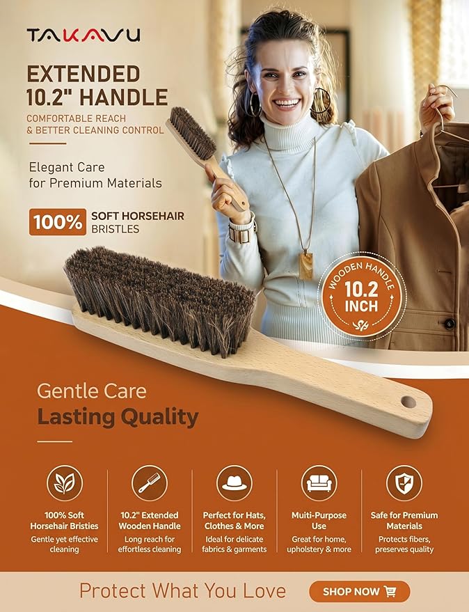 TAKAVU 10.2in Horsehair Hat & Shoe Brush, Long Handle Felt Cleaner | Soft Bristle Dusting Wardrobe Brush for Lint, Pet Hair, Suits, Coats, Upholstery & Garments, Wooden Extended Grip