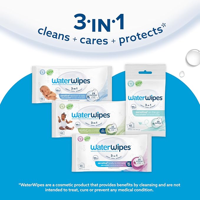 WaterWipes Sensitive+ Newborn & Baby Wipes, 3-In-1 Cleans, Cares, Protects, 99.9% Water, Unscented & Hypoallergenic, 60 Count (Pack of 24)