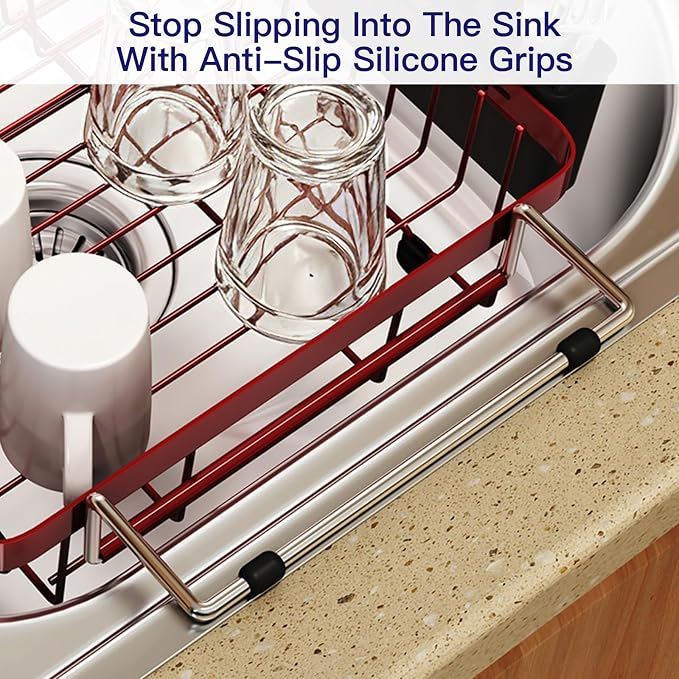 MAJALiS Red Dish Drying Rack Over The Sink with Utensil Holder | Expandable Stainless Steel Dish Drainer for Small Kitchen, Apartment, RV, Counter Space Saving, Perfect Fit, Rustproof
