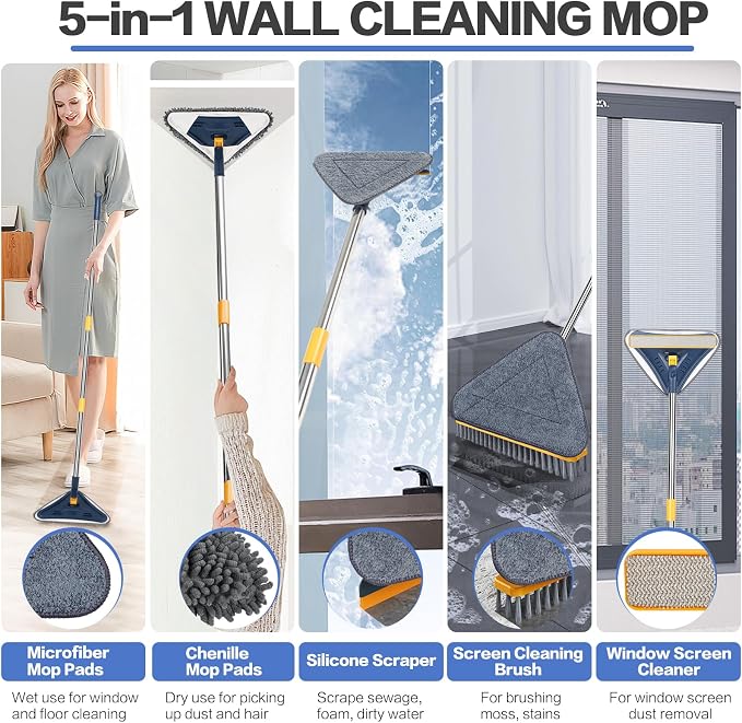 Wall Cleaner Mop, 80" Long Handle, 360° Ceiling Cleaning Tool | 5-in-1 Triangle Wall Mop for Painted Walls, Drywall, Baseboard, with Chenille Microfiber (6 Replacement Pad) Brush Scraper