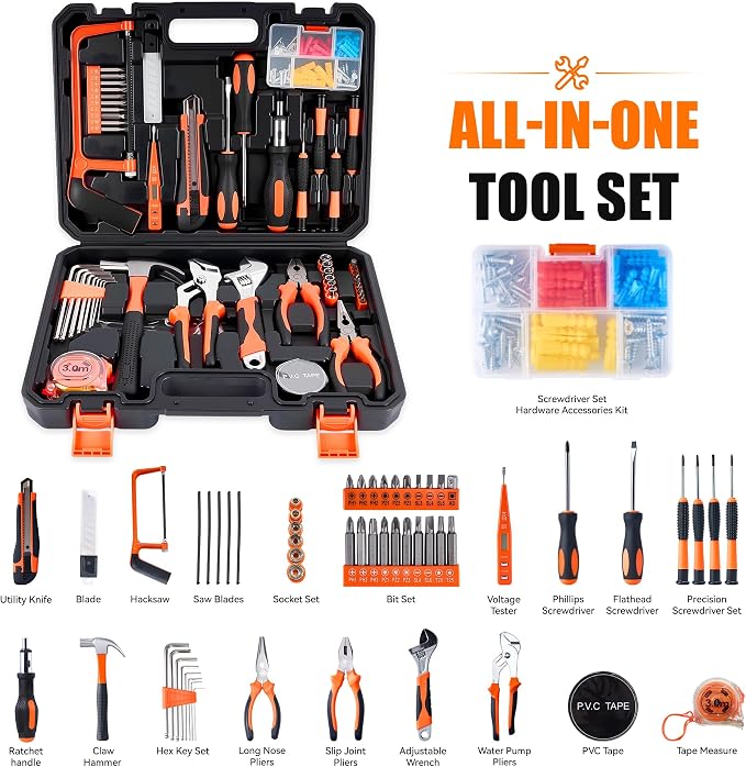 KOOPOOL 160-Piece Tool Kit for Home, Household Tools Set for DIY | Complete Household Tool Set with Hammer, Wrench, Screwdrivers, Pliers and Storage Case for Apartments, Dorms and Home Repairs