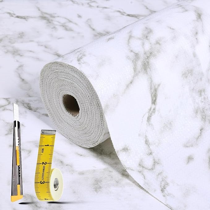 2-Layer Drawer and Shelf Liner for Kitchen Cabinet: 17 in X 20 Ft Non Slip | Waterproof Shelf Paper Non Adhesive Refrigerator Liners White Marble Easy Liners for Bathroom with Knife Tape Measure