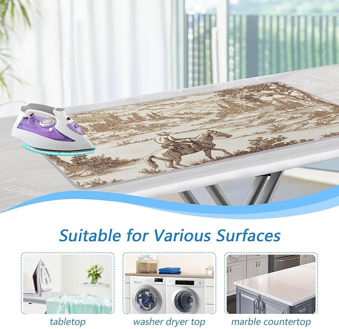 Cowboy Riding Horse Mountain Brown Ironing Mat Portable Ironing Pad Blanket with Silicone Iron Rest for Table Top Travel Heat Resistant Double-Side Using Large 47x28 Inch Foldable