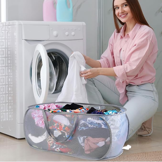 2 Pack Mesh Foldable Laundry Basket Up Laundry Hamper (Black + Grey) | 3 Compartments Up Mesh Hamper with Handles, Mesh Laundry Hamper for Laundry Room, Bathroom, Room, College Dorm or Travel