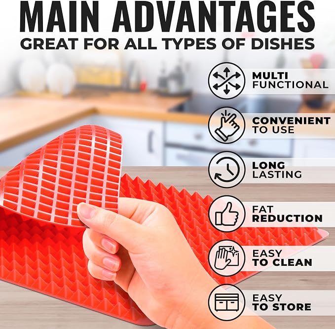16x11.42" Non-Slip Red Pyramid Baking Mat - Easy to Clean Pyramid Pan Silicone Baking Mat with Air Circulation System - Tear- and Heat-Resistant and Flexible Oven Mats for Cooking, Roasting & BBQ