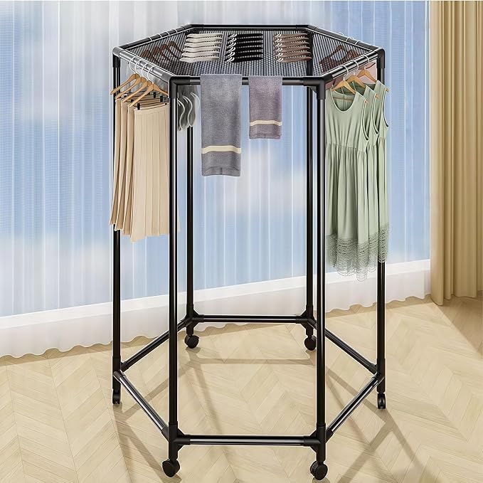 Clothes Rack with Wheels, Clothing Rack with drying mesh, Standing Garment Storage for Indoor, Hanging Rod for Bedroom Laundry Room, Coat Dress Organizer on Wheels (48.4" H)