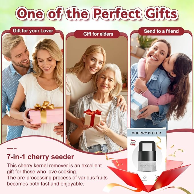 7-in-1 Cherry Pitter Tool,1.5" Extra Large Slots Making Cherry Jam | Food Grade Multi-Fruit Corer with Anti-Splatter Guard, Upgraded Easy Push Seed Remover,Dishwasher Safe