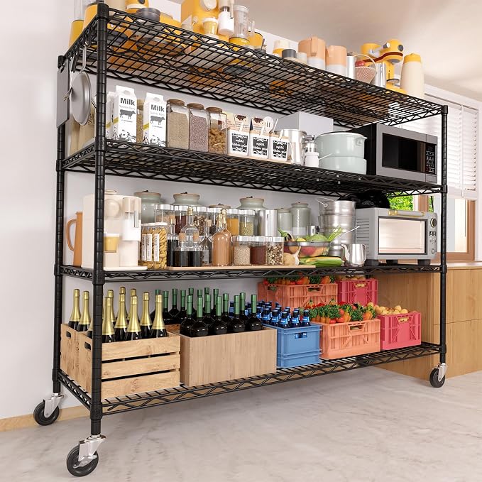 PrimeZone 6 Packs 55.5" W x 24" D x 80" H Heavy Duty Wire Storage Shelves with Wheels, 4 Tier Adjustable NSF Commercial Garage Shelving Unit, Rolling Metal Organizer Shelf Rack for Warehouse, Pantry