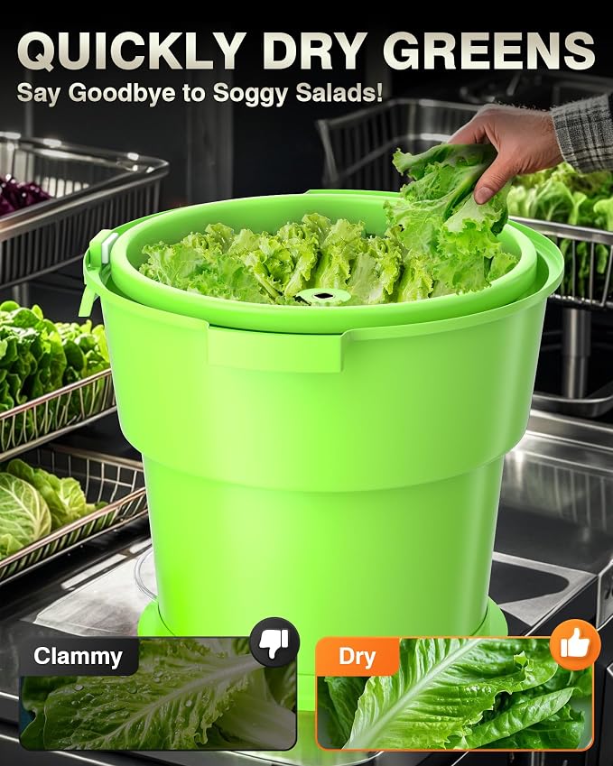 WantJoin Commercial Salad Spinner - [6 Gallon Salad Dryer] w/Silicone [Anti-slip Mat] & [Draining Hose], 24Qt Manual Salad Spinner for up to 7 Heads of Lettuce Spinner Large for Catering, Green