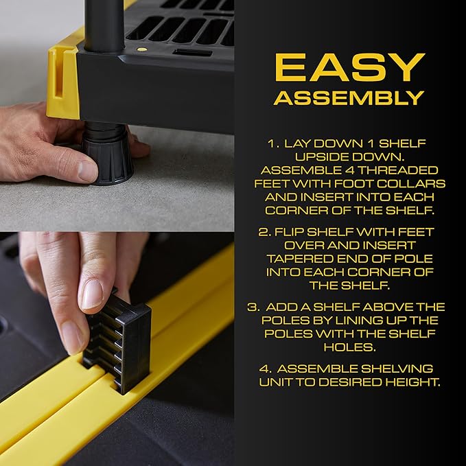 CX 5-Tier Heavy Duty Plastic Storage Shelves for Garage Organization | Freestanding garage utility rack with easy assembly, 5 shelves at 200lbs/Shelf, 72H x 48W x 20D, Black & Yellow, Made in USA