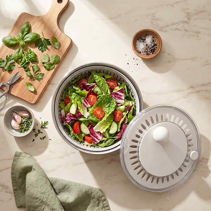 Salad Spinner Dishwasher Safe Stainless Steel Salad Spinner, 5.3 Qt Vegetable Washer, Lettuce Spinner with Non-Slip Base and Stop Button, Transparent Lid & Drainage Hole