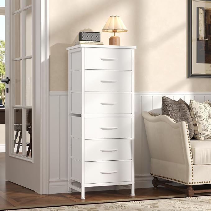Sweetcrispy Tall Fabric Dresser for Bedroom, 6 Drawer Chest of Drawers | Narrow Storage Tower with Wood Top and Metal Frame, Vertical Nightstand for Closet, Bedroom Organization Furniture, White