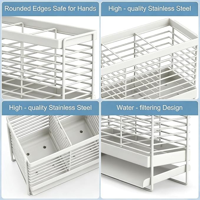 Utensil Holder, Upgrade Stainless Steel Utensil Drying Rack with Automatic Drain Tray for Kitchen Counter, Silverware Cutlery Organizer for Spoons, Forks, Knifes, Chopsticks (White)