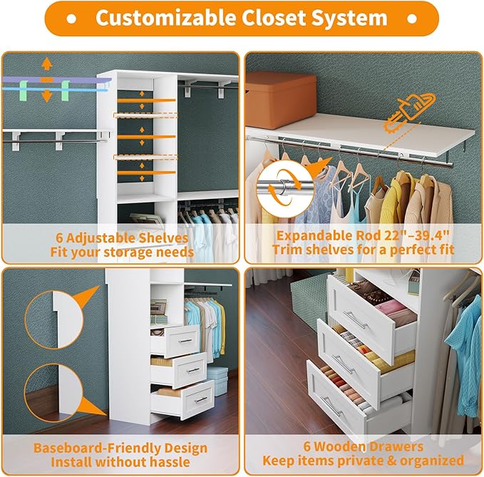 Closet System with 6 Drawers, 6FT-12FT Closet Organizer System with Cuttable Shelves Walk in Wooden Closet Storage System with 6 Hanging Rods Modular Closet, 2 Sets White