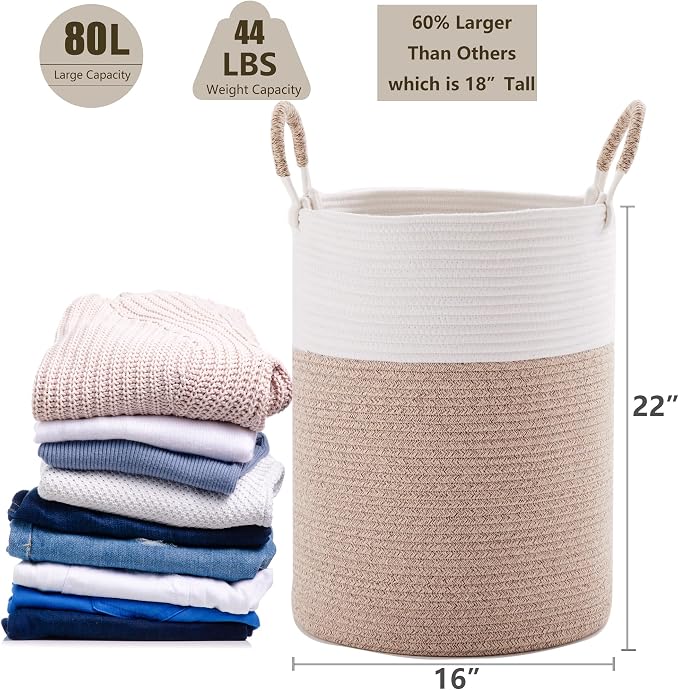 80L Extra Large Laundry Hamper Tall Woven Laundry Basket, Brown | Clothes Hamper, Blanket Basket for Living Room Bathroom Bedroom, 16"L x 16"W x 22"H