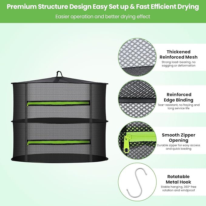 MEKOLIFE 2-Layer Hanging Herb Drying Rack, Small Mesh Net | 11.81 Inch Mesh Drying Rack with Zipper and Hooks, Indoor Outdoor for Herbs, Fruits, Seafood, Camping Food, Socks, Underwear