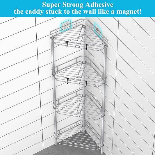 HuggieGems 4 Tier Floor Standing Corner Shower Caddy Organizer Shelf with Hooks, Bathroom Shelves Stand Rack, Silver