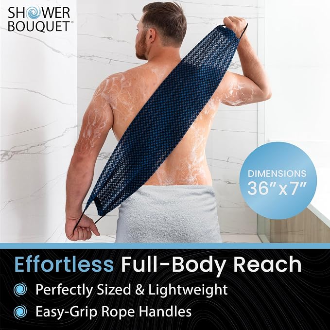 Japanese Exfoliating Washcloth for Back & Body 2-Pack - Charcoal & Silver Ion Exfoliating Towel with Handles - Two-Sided Gentle Exfoliation & Deep Cleanse Body Wash Cloths for Shower - 1 White, 1 Blue