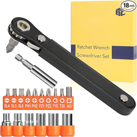 Bates- Low Profile Right Angle Screwdriver with Drill Bits Set, 18 pcs, 1/4" Mini Ratchet Screwdriver with Adapter, Phillips, Slotted, Torx, Pozidriv Bits for Tight Spaces