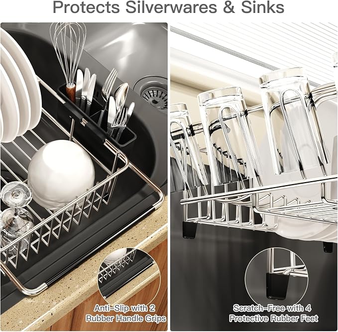 MAJALiS Dish Drying Rack Over The Sink with Adjustable Utensil Holder | Expandable Stainless Steel Dish Drainer for Small Kitchen, Apartment, RV, Counter Space Saving, Perfect Fit, Rustproof