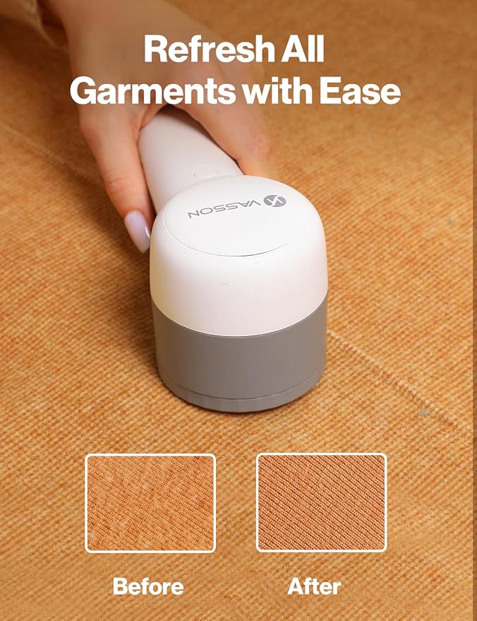 VASSON Fabric Shaver, Sweater Shavers to Remove Pilling, High-Perf Defuzzer, Rechargeable Electric Lint Shaver for Fuzz and Lint Balls from Clothing, Upholstery (Greyish White) | Upgraded Battery Life & Type-C Fast Charge，2-Speed Fuzz Remover