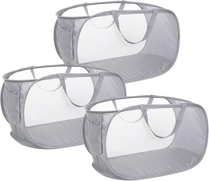 3 Pack Collapsible Laundry Baskets, Foldable Laundry Basket with Pocket, Mesh Pop Up Hampers, Reinforced Handles Dirty Clothes Hamper for Laundry, Bedroom, Bathroom, Dorm, Travel or Camping Grey