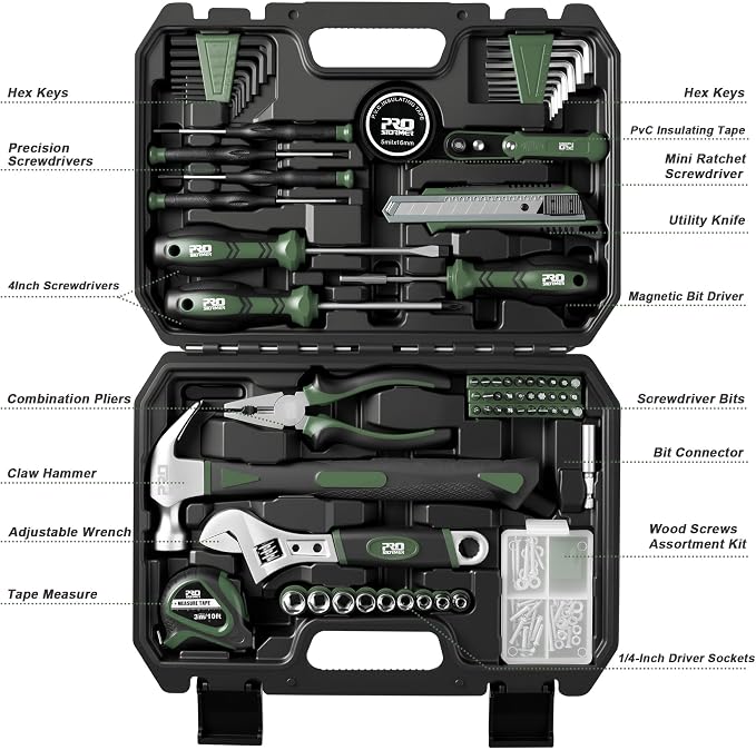 Prostormer 160-Piece Tool Set, Basic Home Repair Kit, Green | Toolbox Storage Case Included, All-Purpose Tools for House, Garage, College Dorm and Office