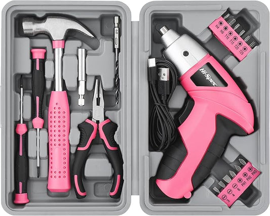 Hi-Spec Cordless Electric Screwdriver, Power Screw Driver Set with Pink Compact Tool Kit for Small Repair and Maintenance- Ideal Housewarming Gift,19 Piece