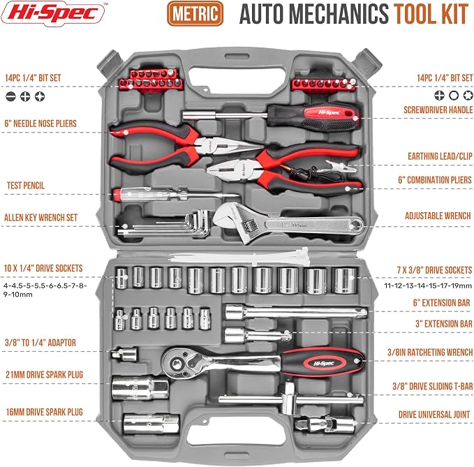 Hi-Spec Metric Auto Mechanic Tool Set Motorcycle & Car Tool Kit Trucks | 67pc, 4-21mm, socket and wrench coverage, roadside fixes, organized box, garage maintenance help, bike and vehicle tasks