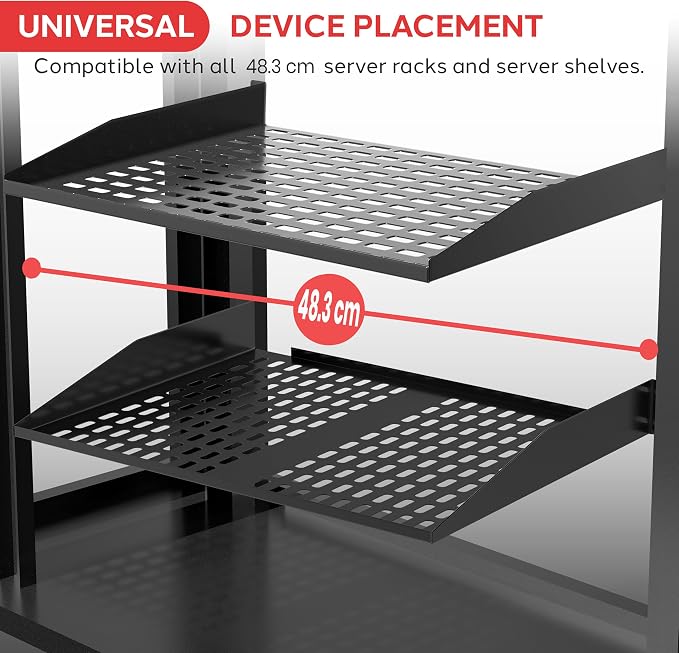 Pyle 19-Inch 1U+2U Server Rack Shelves - Universal Mounting Tray for Computer Racks & Cabinets, Wall Mount Compatible, Ventilated Design for Air Circulation, Black Computer Case,110lbs Weight Capacity