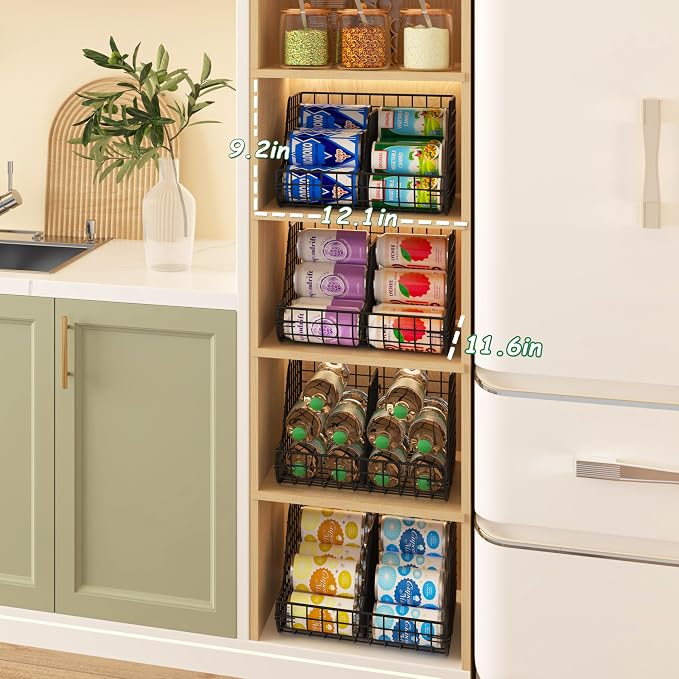 Stackable Soda Can Organizer Stores Up to 72 Cans, 4-Pack Can Storage Organizer for Pantry Shelves, 4-Tier Kitchen Can Holders with 4 Adjustable Dividers, Wire Drink Organizer for Pantry Cabinet Shelf