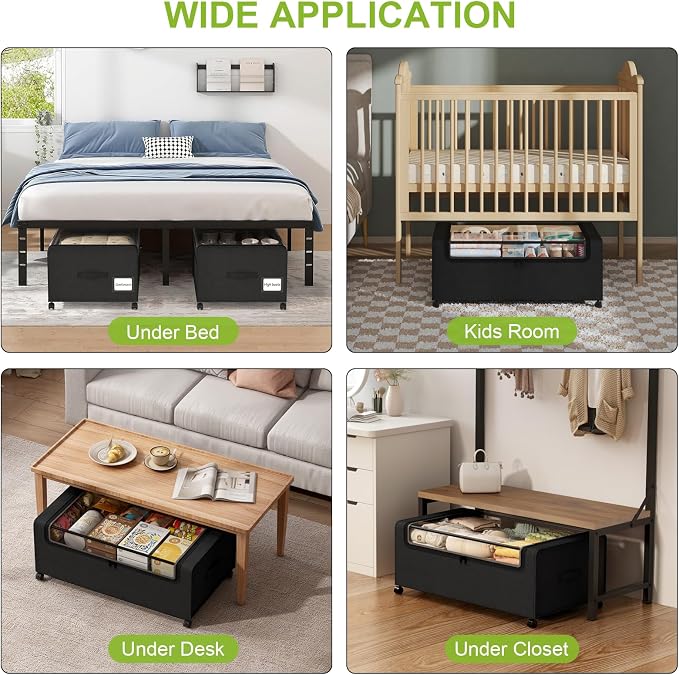 Webetop Under Bed Storage Containers with Wheels,12 inch Under the Bed Storage Bins with Clear Lid for Underneath Small Spaces Dorms, Blankets (2 Pack, 30.7"x17.3"x12")