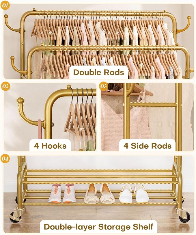 Homde Heavy Duty Clothes Rack: 265lb Rolling Double Rod Garment Hanging - Metal Coat Organizer Storage Display Shelf on Wheels for Bedroom Laundry