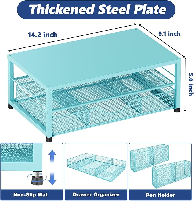 OPNICE Desk Organizer and Accessories, 2-Tier Computer Monitor Stand Riser with Drawer and 2 Pen Holders, Laptop Stand, Office Desk Accessories for Office Supplies, 1 Pack, Teal Blue